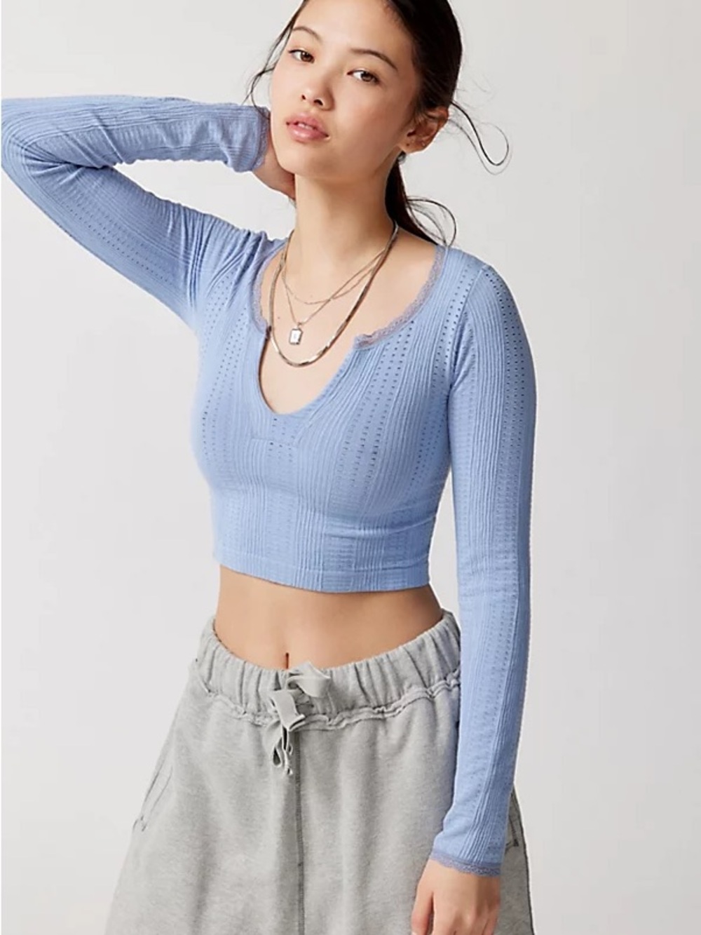 Urban Outfitters Light Blue Ribbed Scoop-Neck Long-Sleeve Crop Top